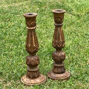 Hand Carved Wood Candle (tapered) Holders S/2